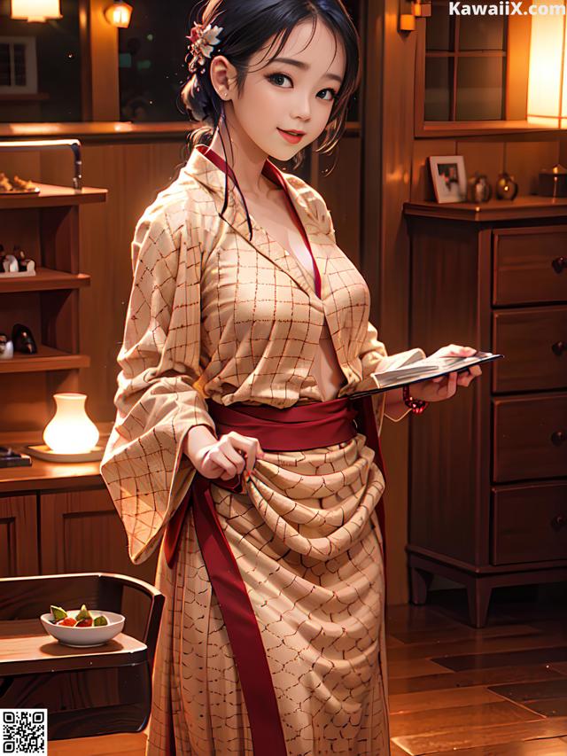 A woman in a kimono holding a tablet computer.