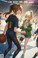 A couple of girls playing basketball on a court.