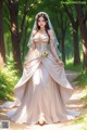 A woman in a wedding dress standing in the woods.