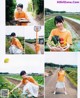 A collage of photos of a woman holding a bunch of vegetables.