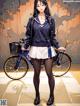 A girl in a school uniform standing next to a bike.